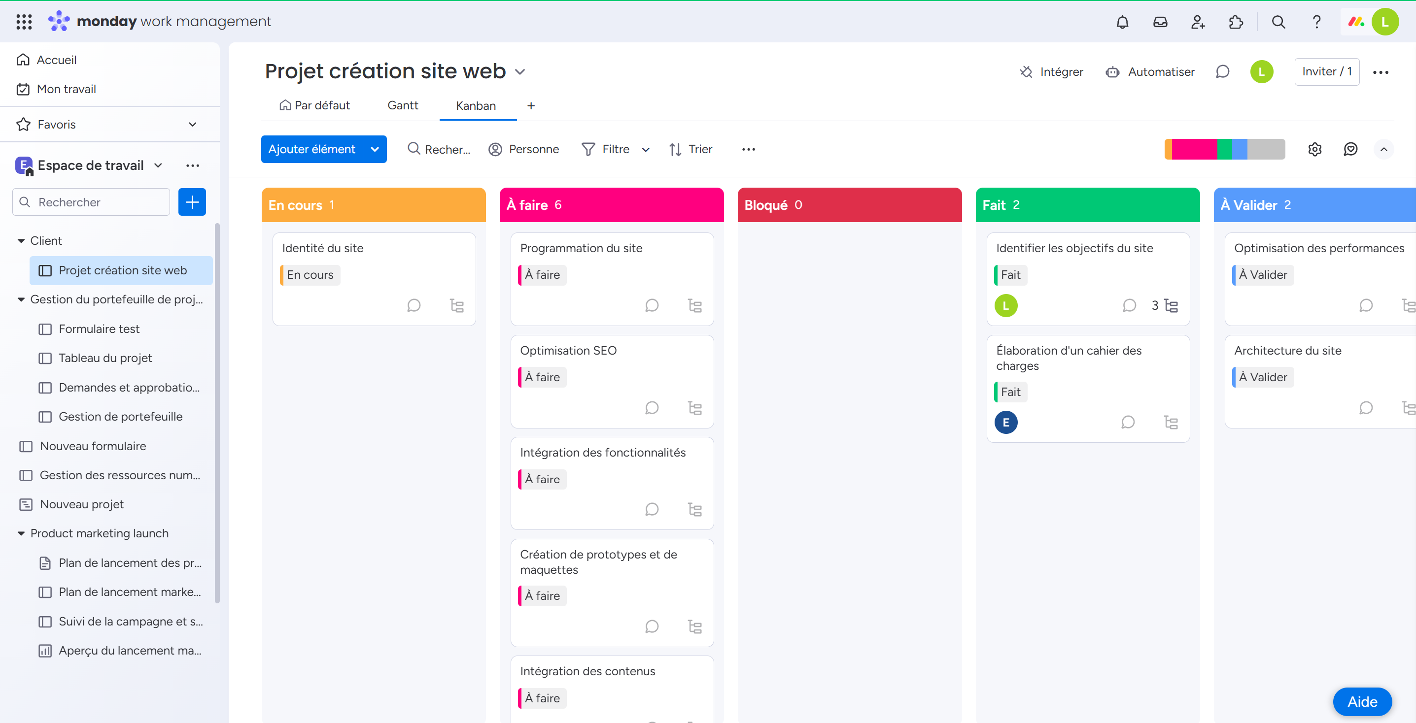 Monday com Avis Chef de Projet - Kanban vue