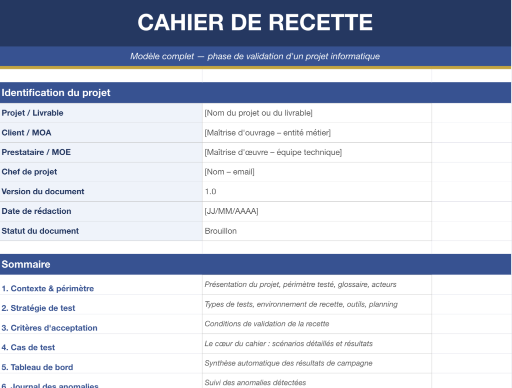 Cahier de recette exemple