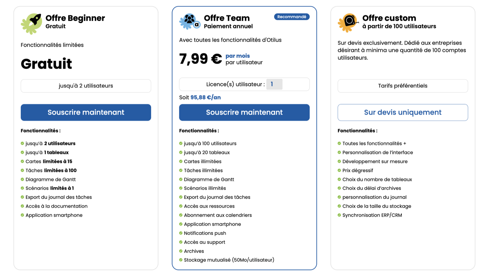 Tarifs et plans d'Otilus