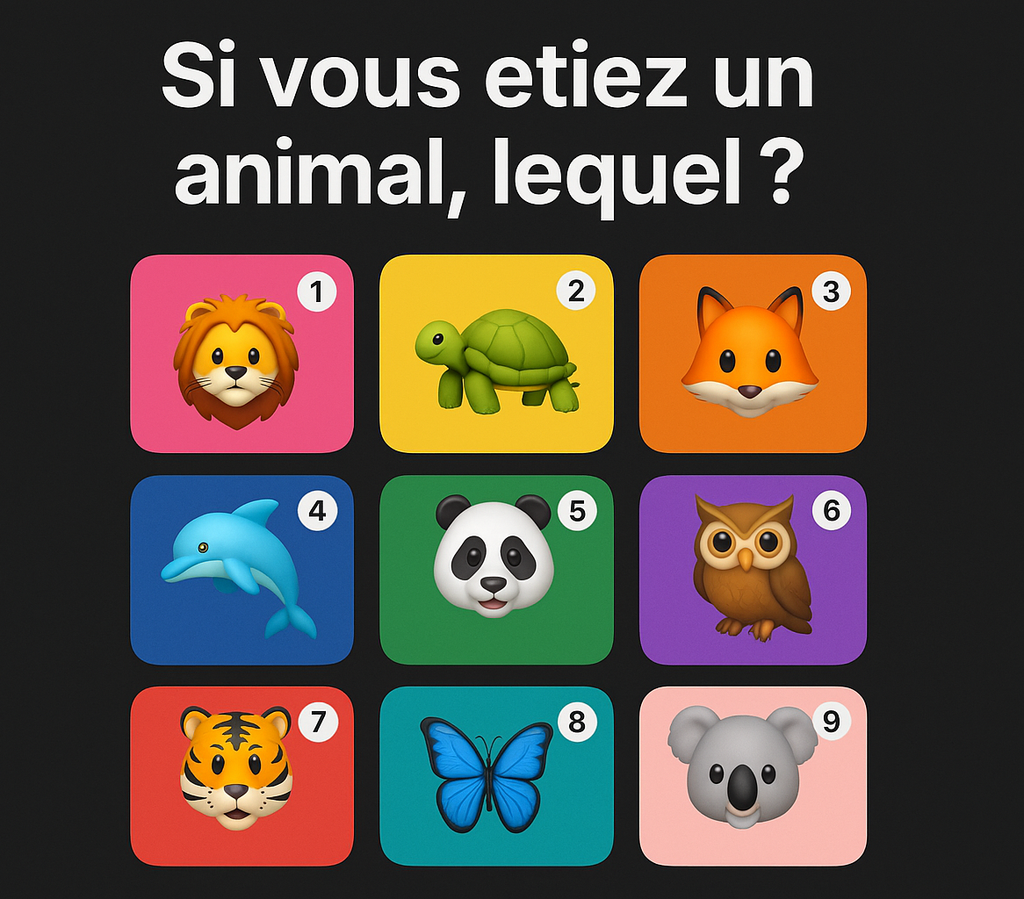 Template icebreaker Si j'étais un animal : 9 cartes colorées avec différents animaux à choisir