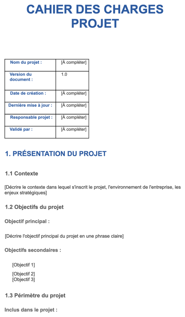 Aperçu du modèle de cahier des charges projet Word