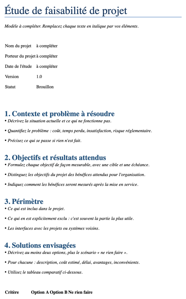 Aperçu du modèle d'étude de faisabilité de projet Word