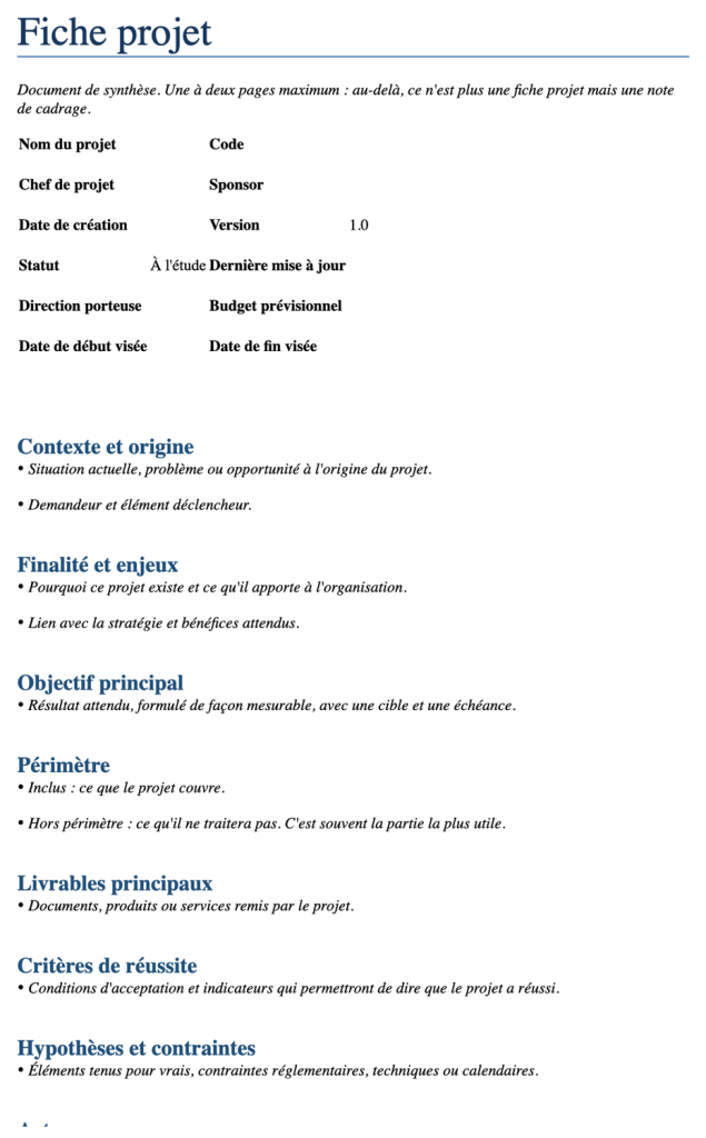 Aperçu du modèle de fiche projet Word