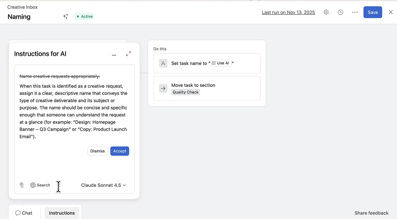 Configuration d'instructions dans Asana AI Studio