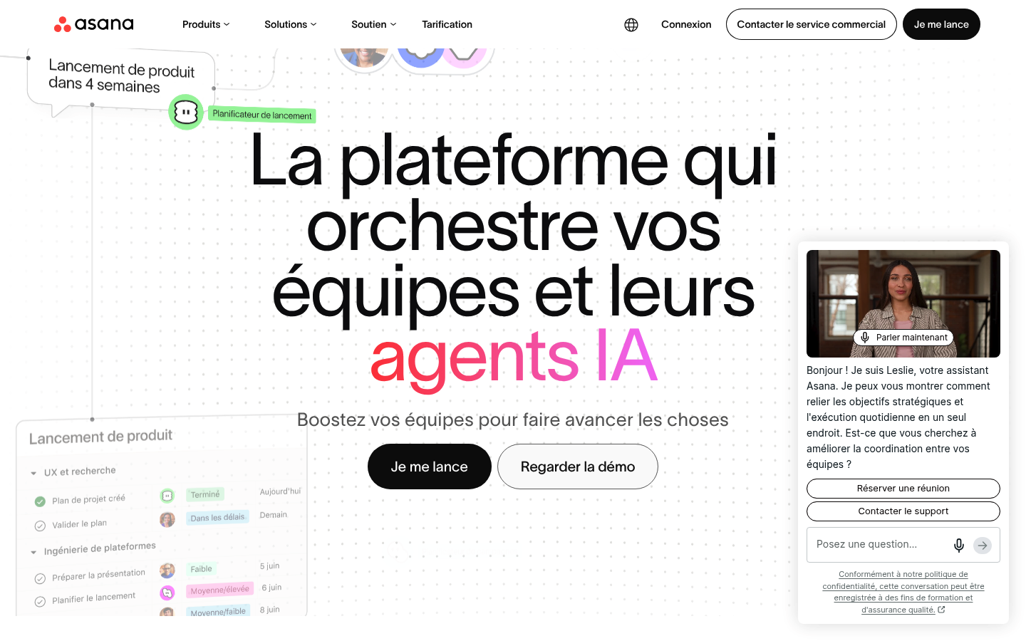Page d'accueil française d'Asana en 2026, orientée agents IA