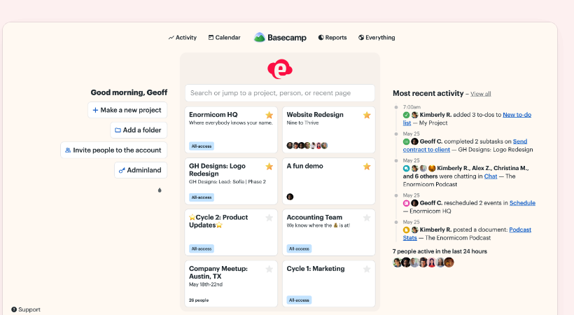 Le nouvel écran d'accueil de Basecamp 5