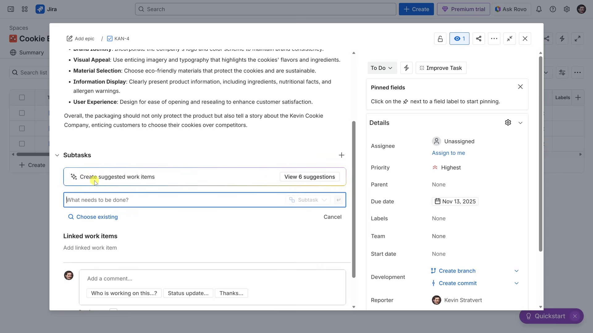 Fiche de travail Jira avec sous-tâches suggérées par l'IA Rovo