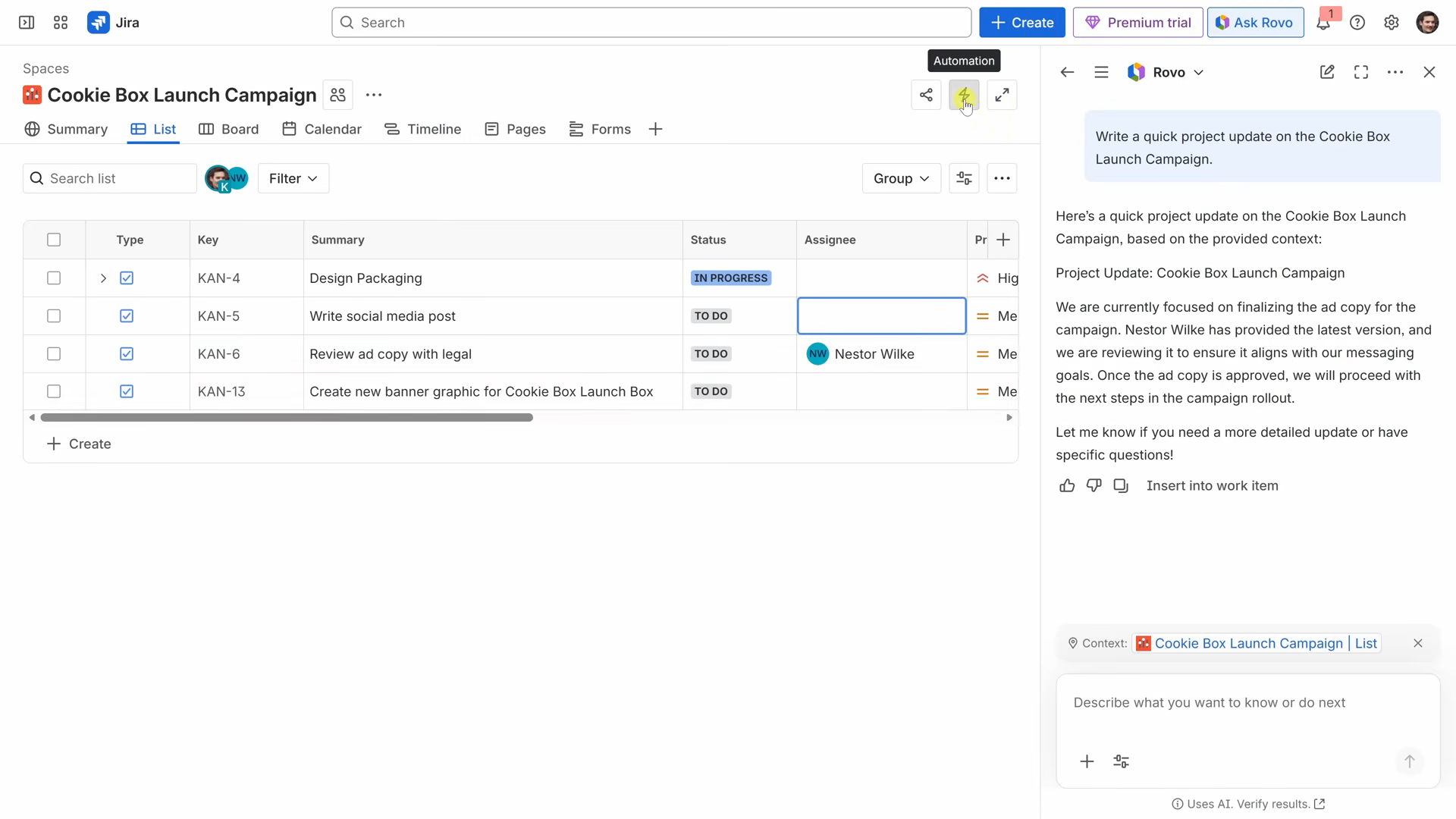 L'assistant Rovo rédige un point d'avancement dans Jira