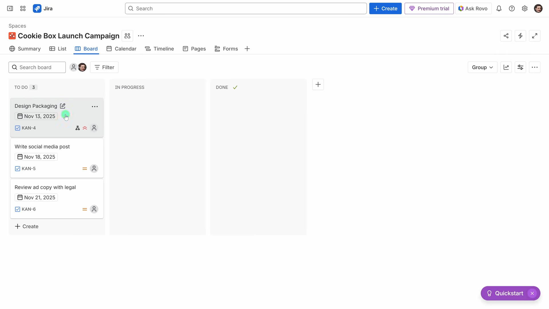 Vue Board kanban de Jira avec colonnes To Do, In Progress et Done