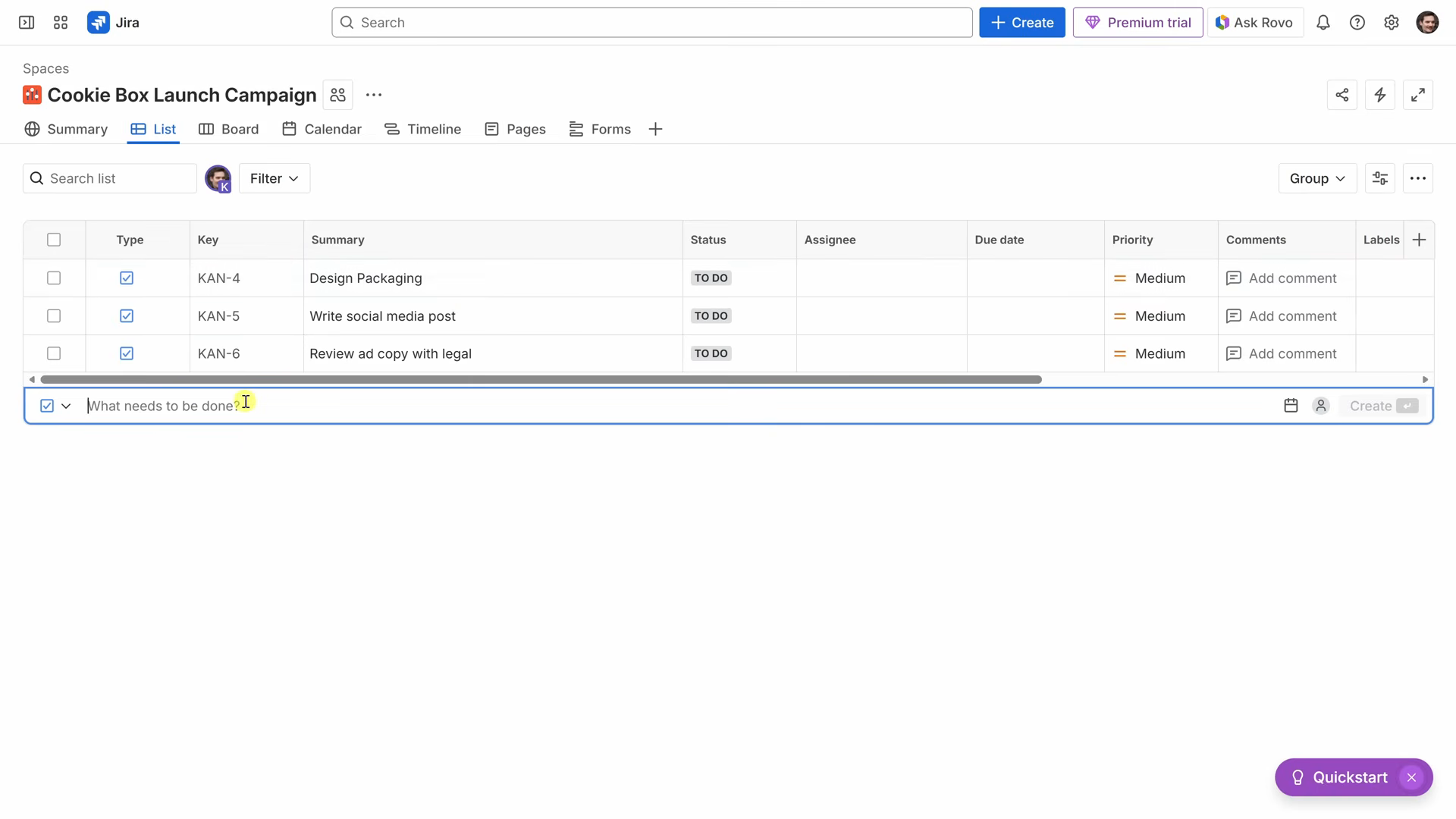 Vue Liste d'un projet Jira avec statuts et priorités