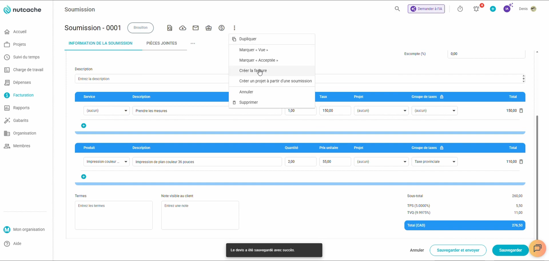 Devis Nutcache converti en facture ou en projet