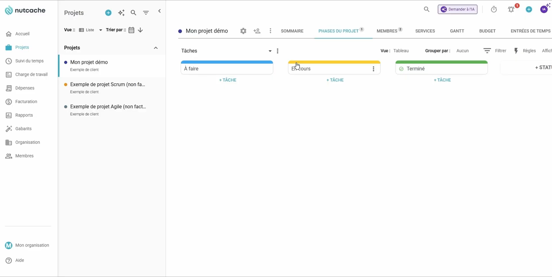 Vue Tableau des tâches d'un projet Nutcache avec phases et budget