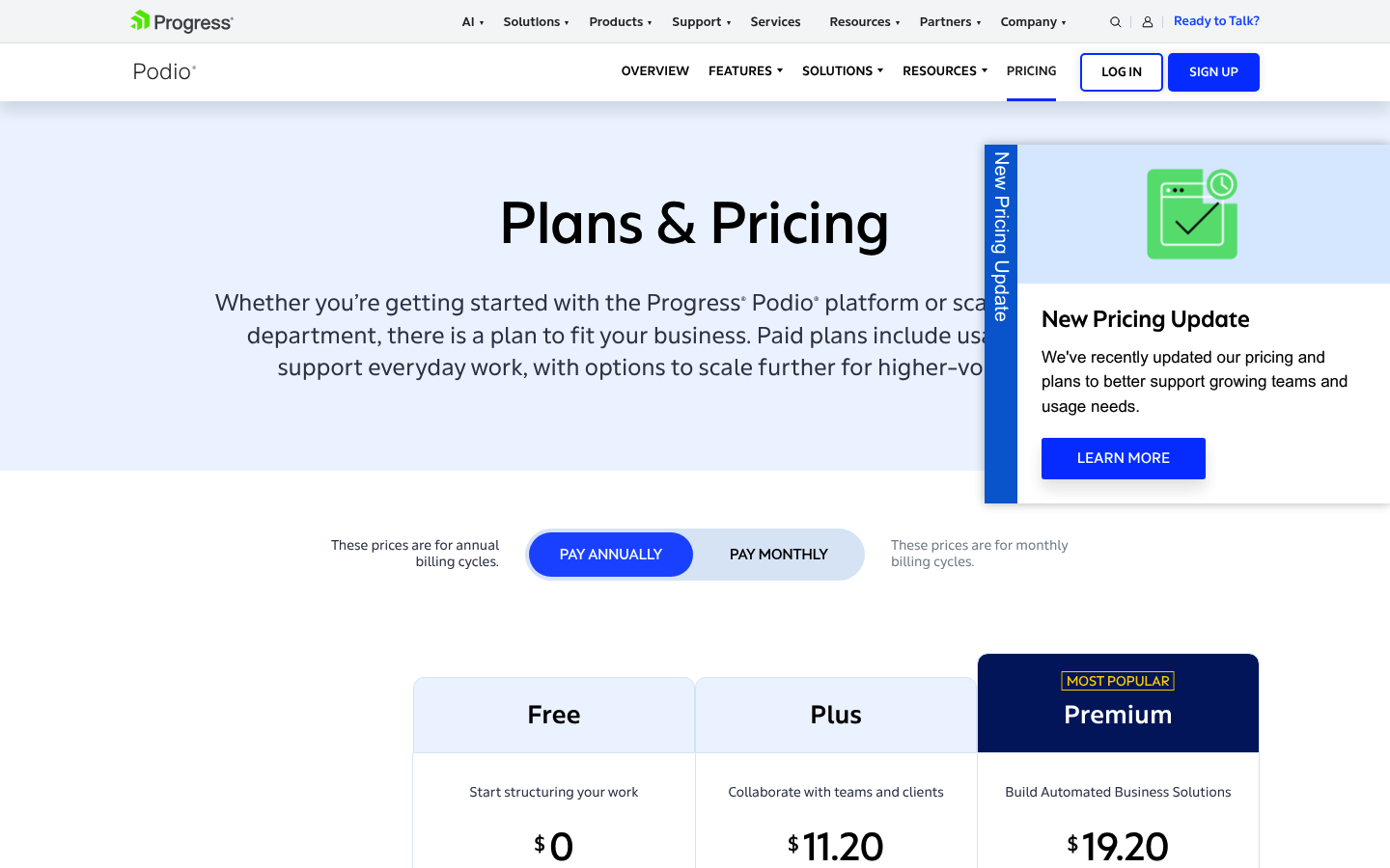 Grille tarifaire de Podio en 2026 sur le site de Progress