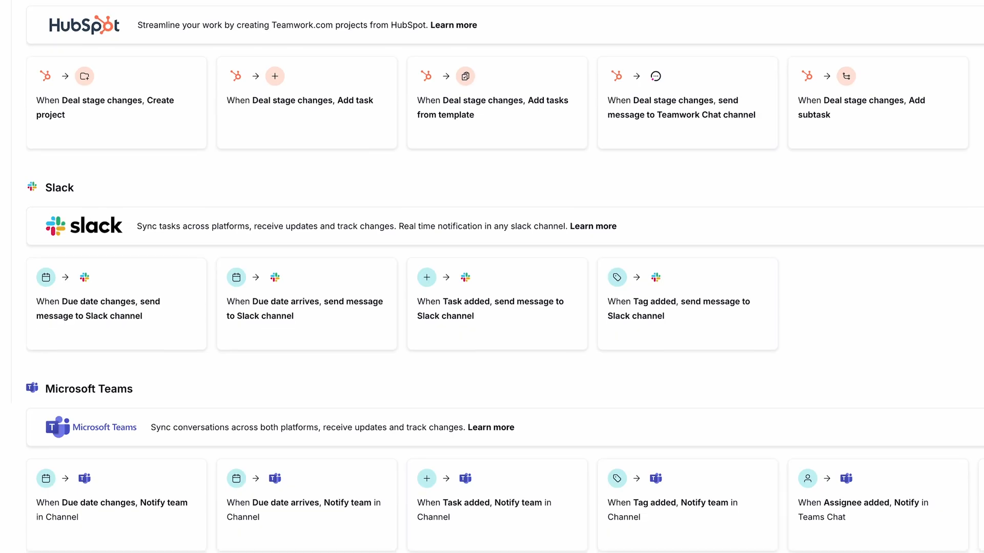 Automatisations Teamwork liées à HubSpot, Slack et Microsoft Teams