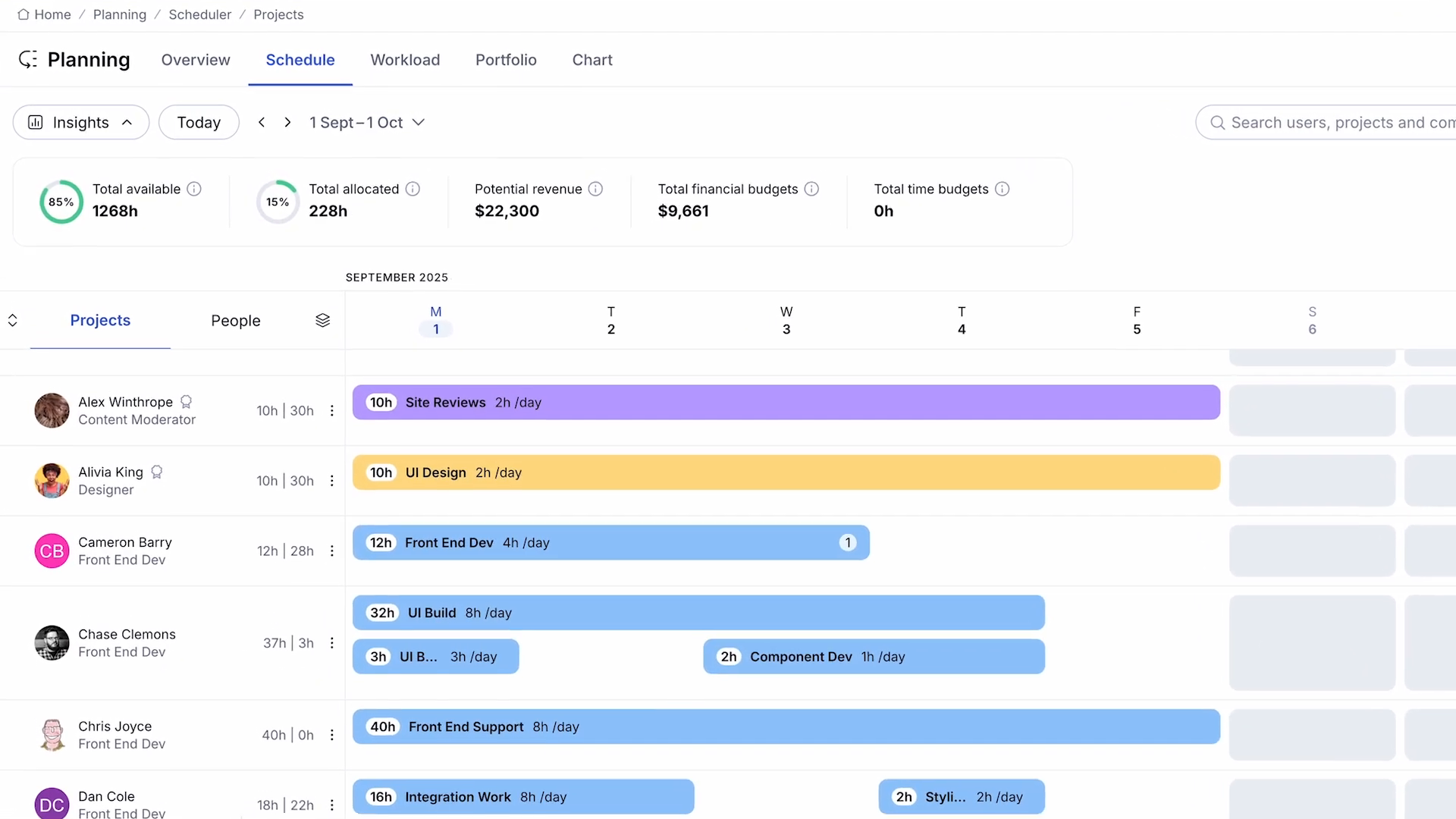 Vue Schedule de Teamwork avec allocation et revenu potentiel