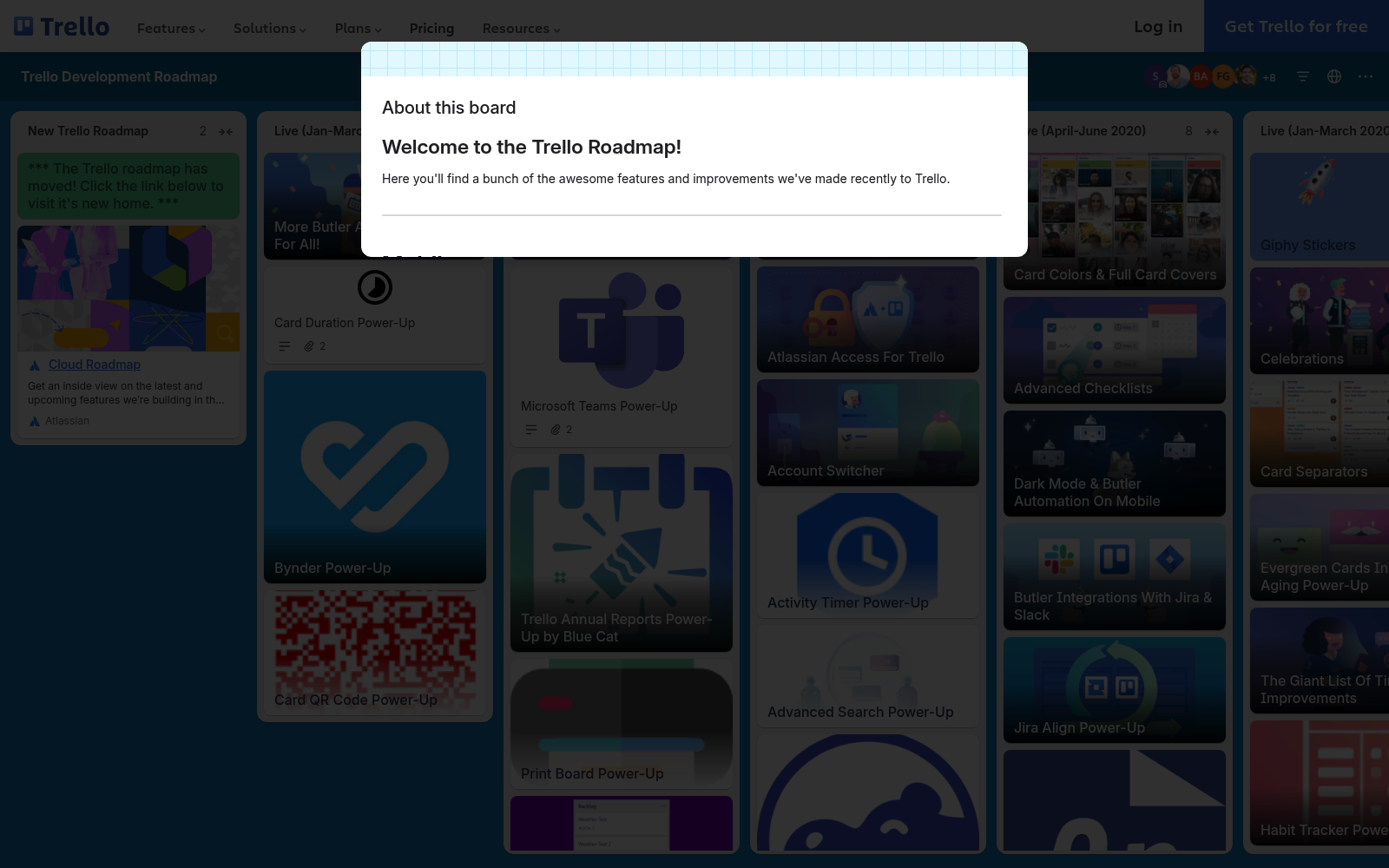 Le tableau public Trello Development Roadmap capturé en direct