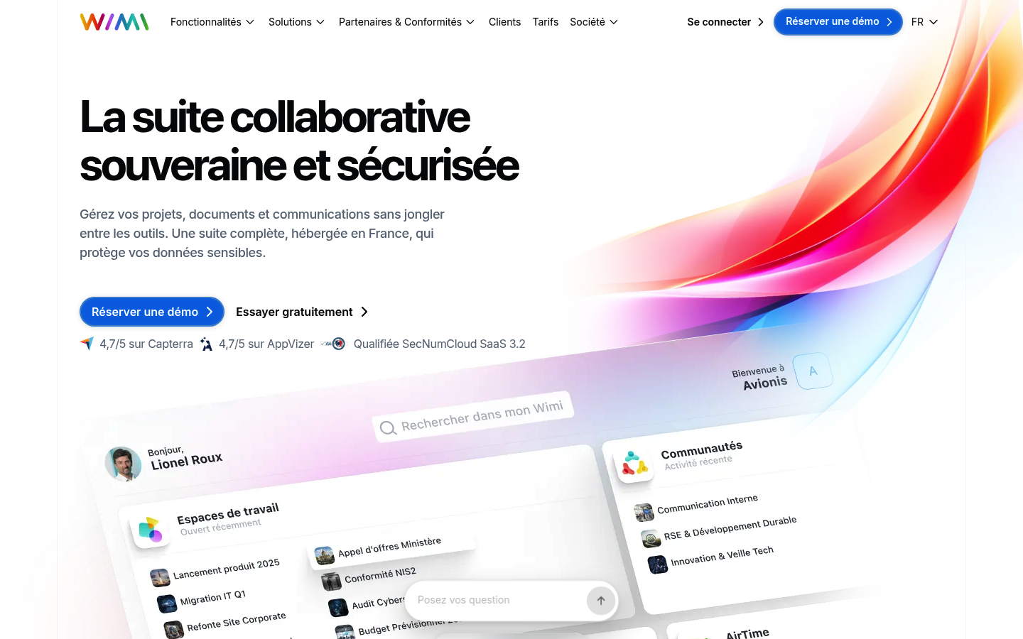 Page d'accueil de Wimi en 2026 avec le badge SecNumCloud