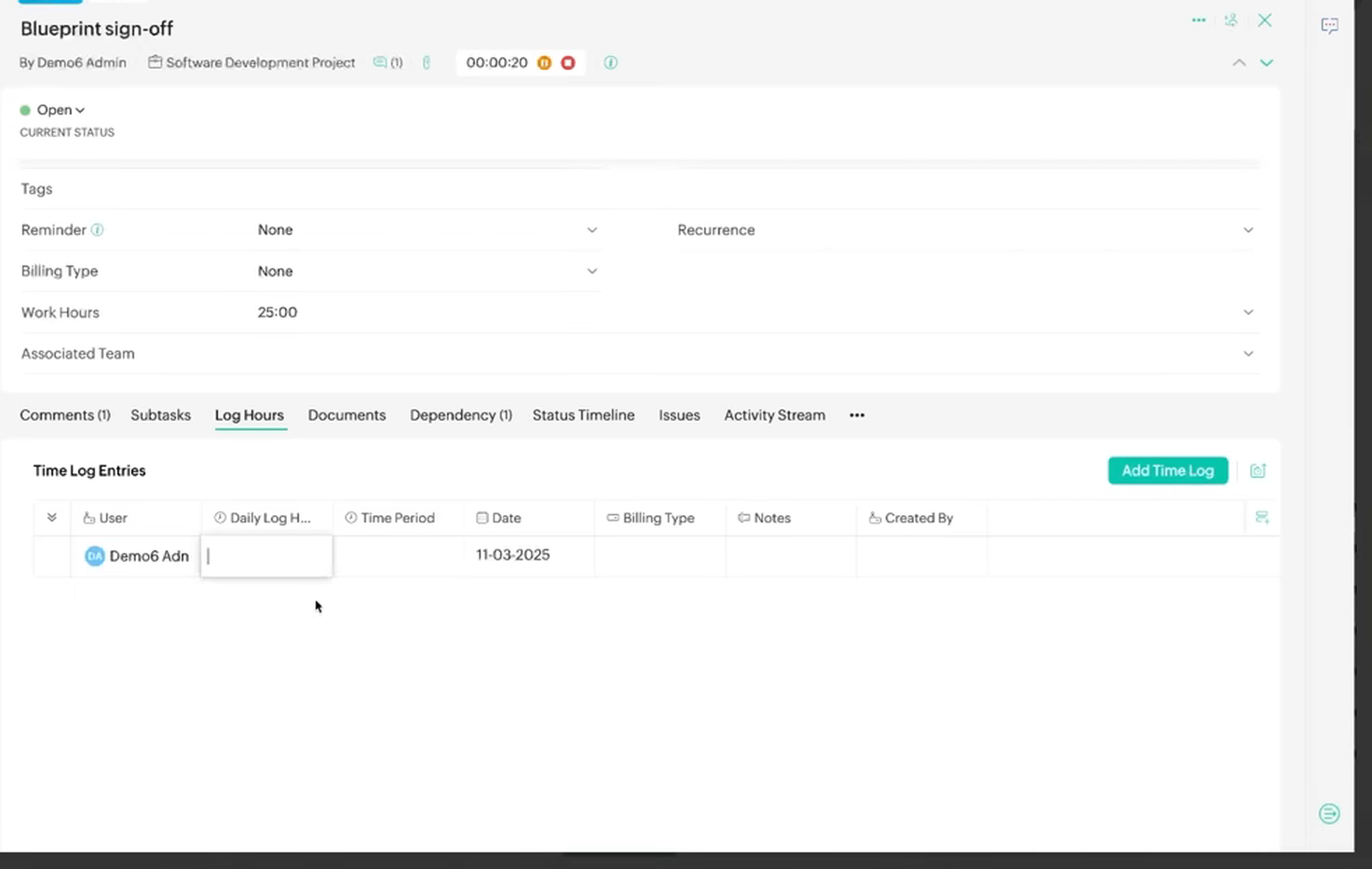 Saisie du temps sur une tâche dans Zoho Projects