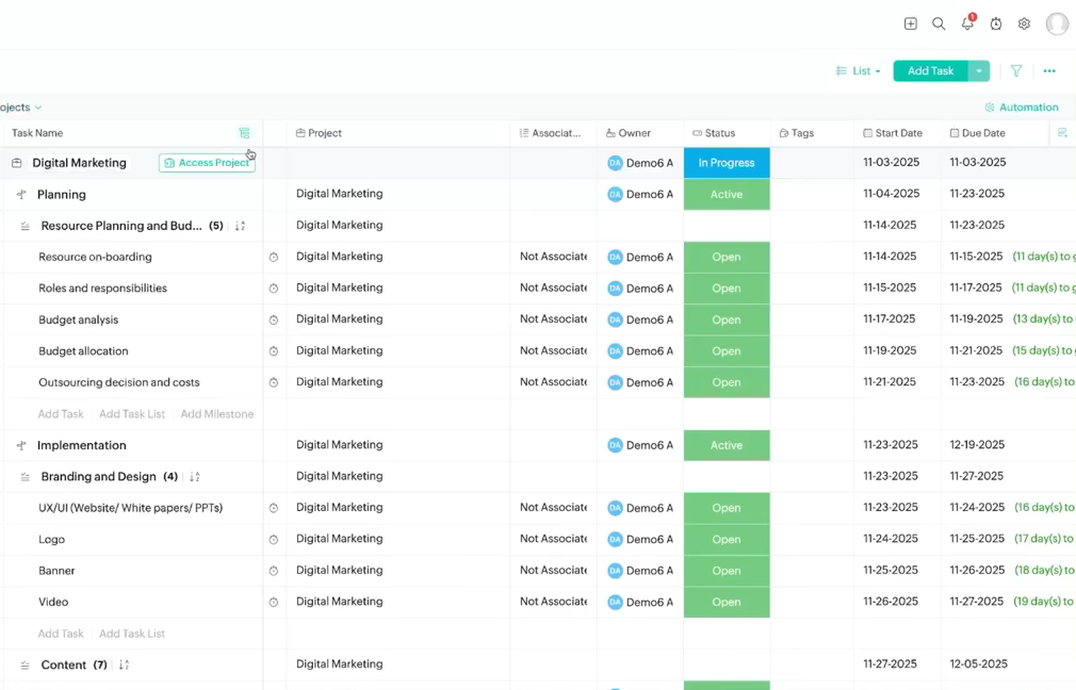 Liste des tâches multi-projets dans Zoho Projects