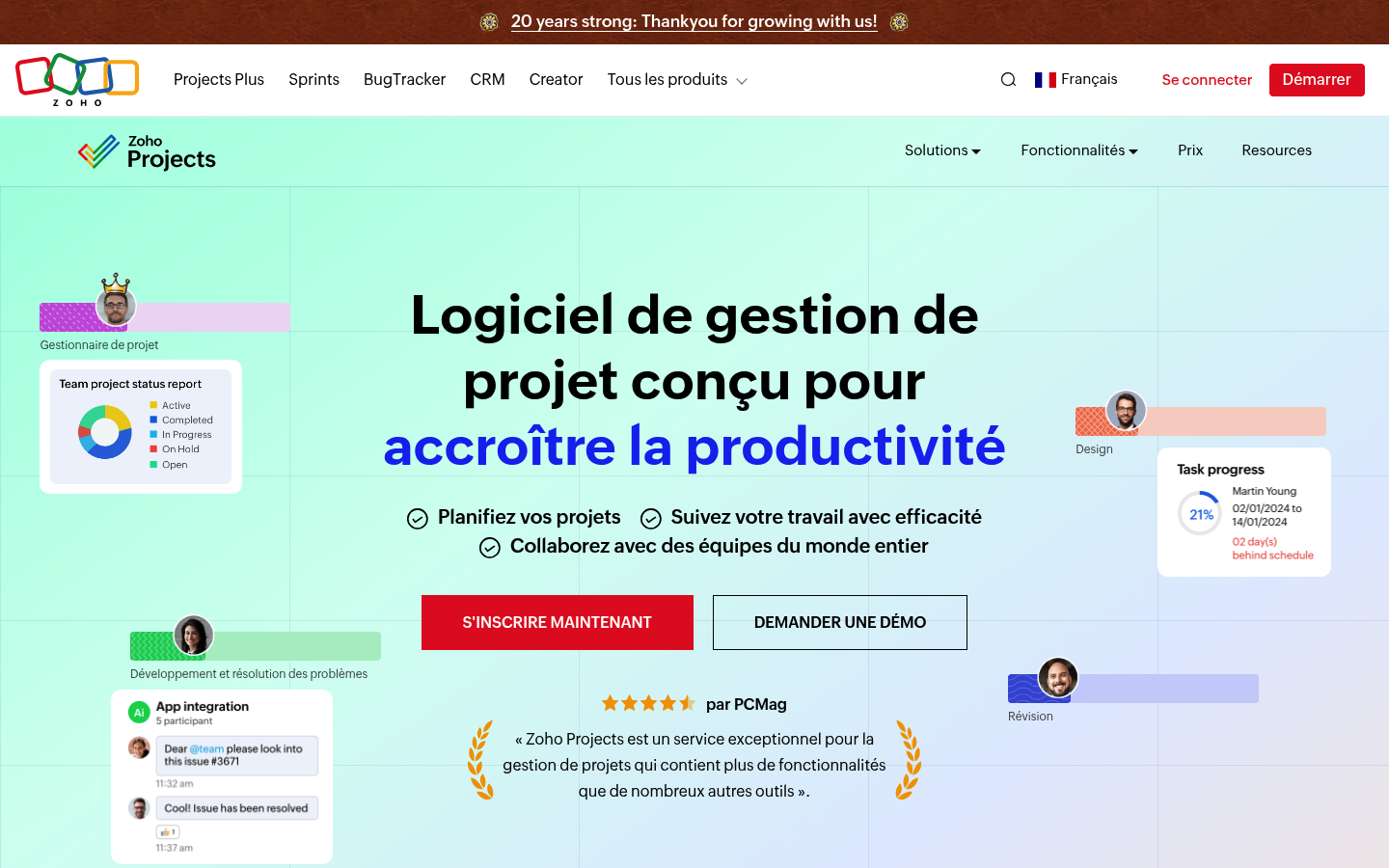 Page d'accueil française de Zoho Projects en 2026