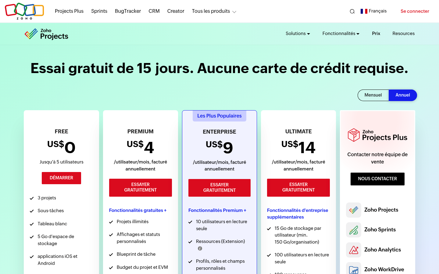 Grille tarifaire de Zoho Projects en 2026