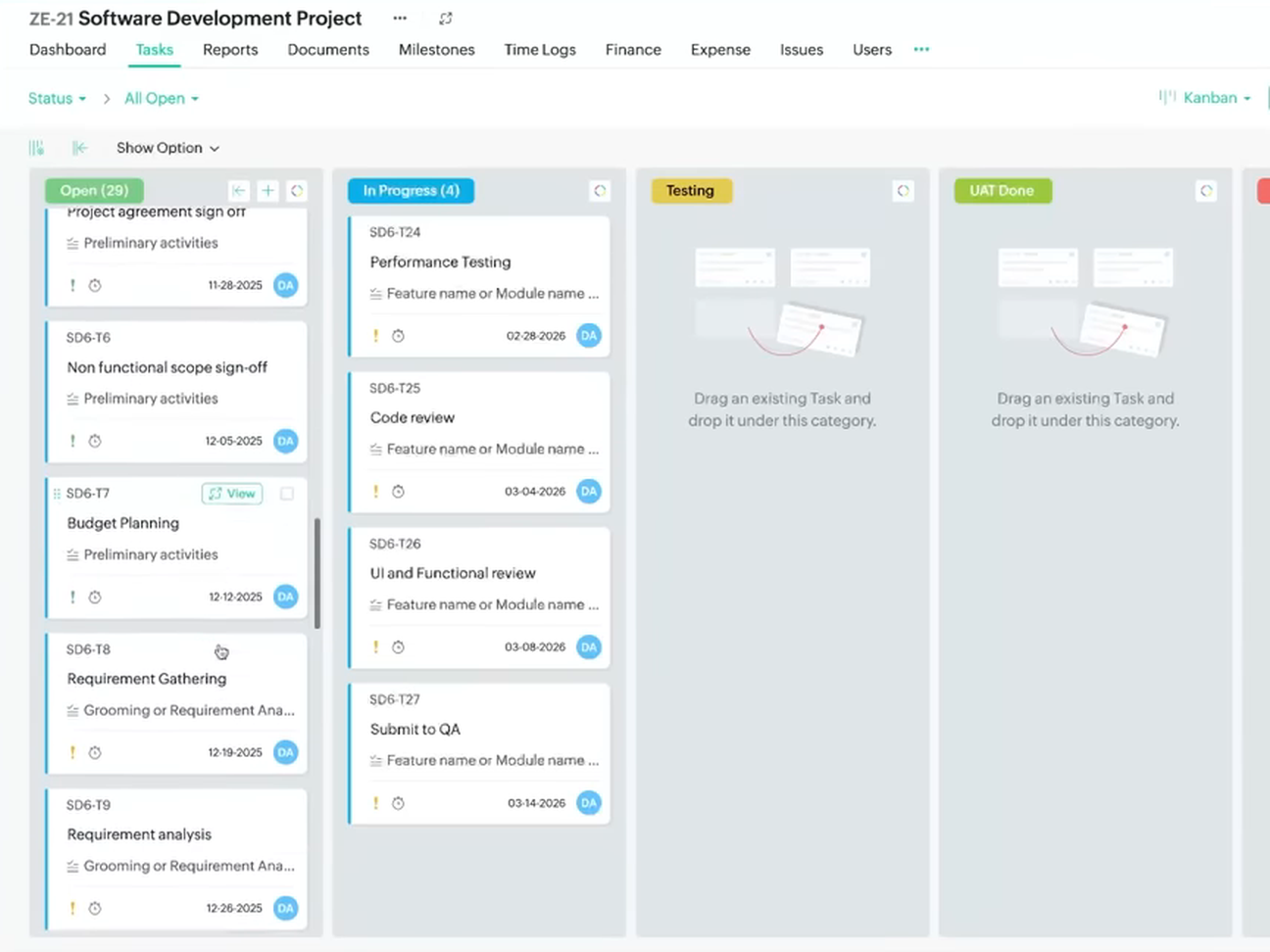 Vue Kanban de Zoho Projects avec colonnes de statut personnalisées