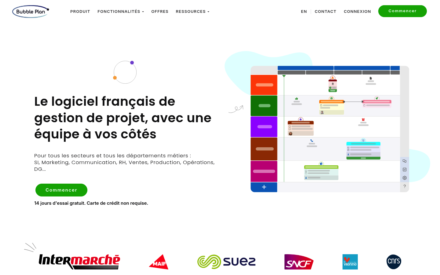 Page d'accueil de Bubble Plan en 2026, le logiciel français de gestion de projet