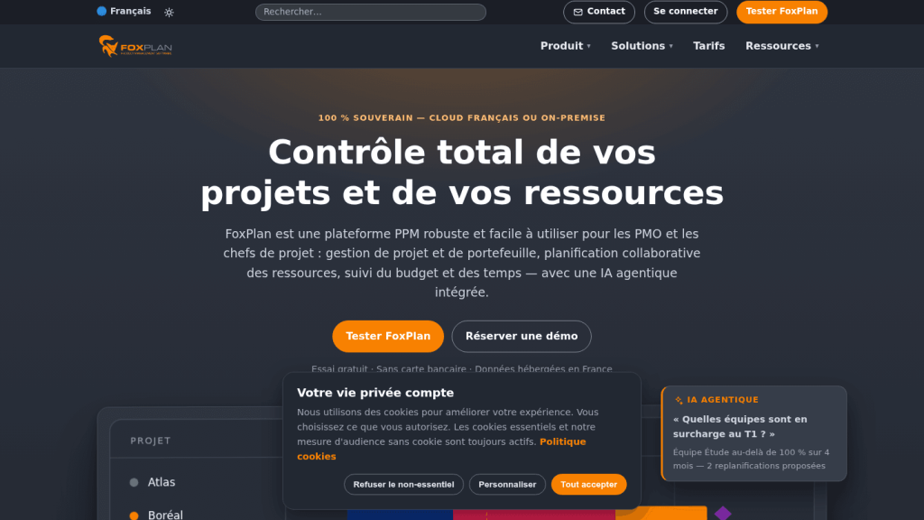 Page d'accueil de FoxPlan, plateforme PPM française