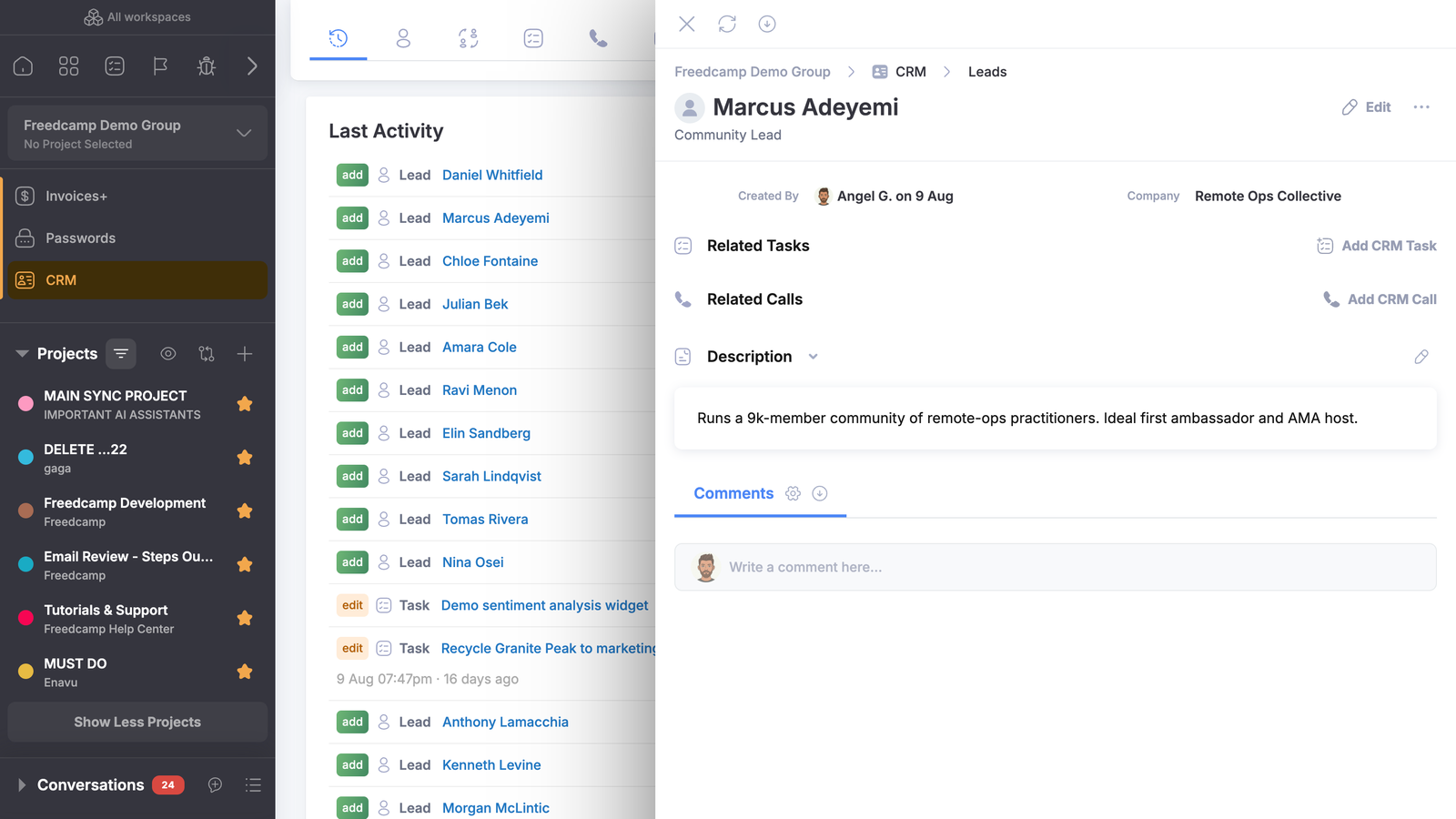Fiche lead ouverte en drawer dans Freedcamp