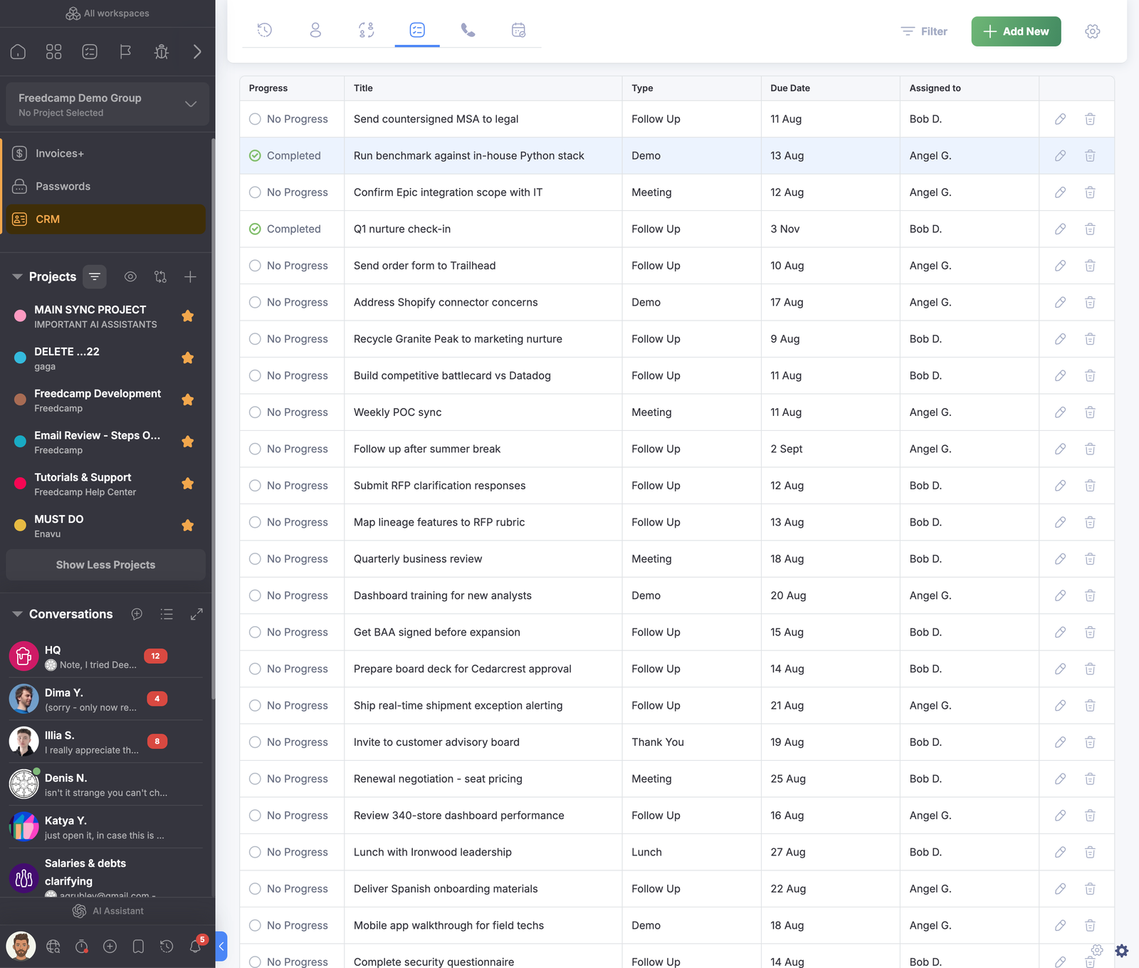 Liste de tâches et conversations dans le CRM Freedcamp