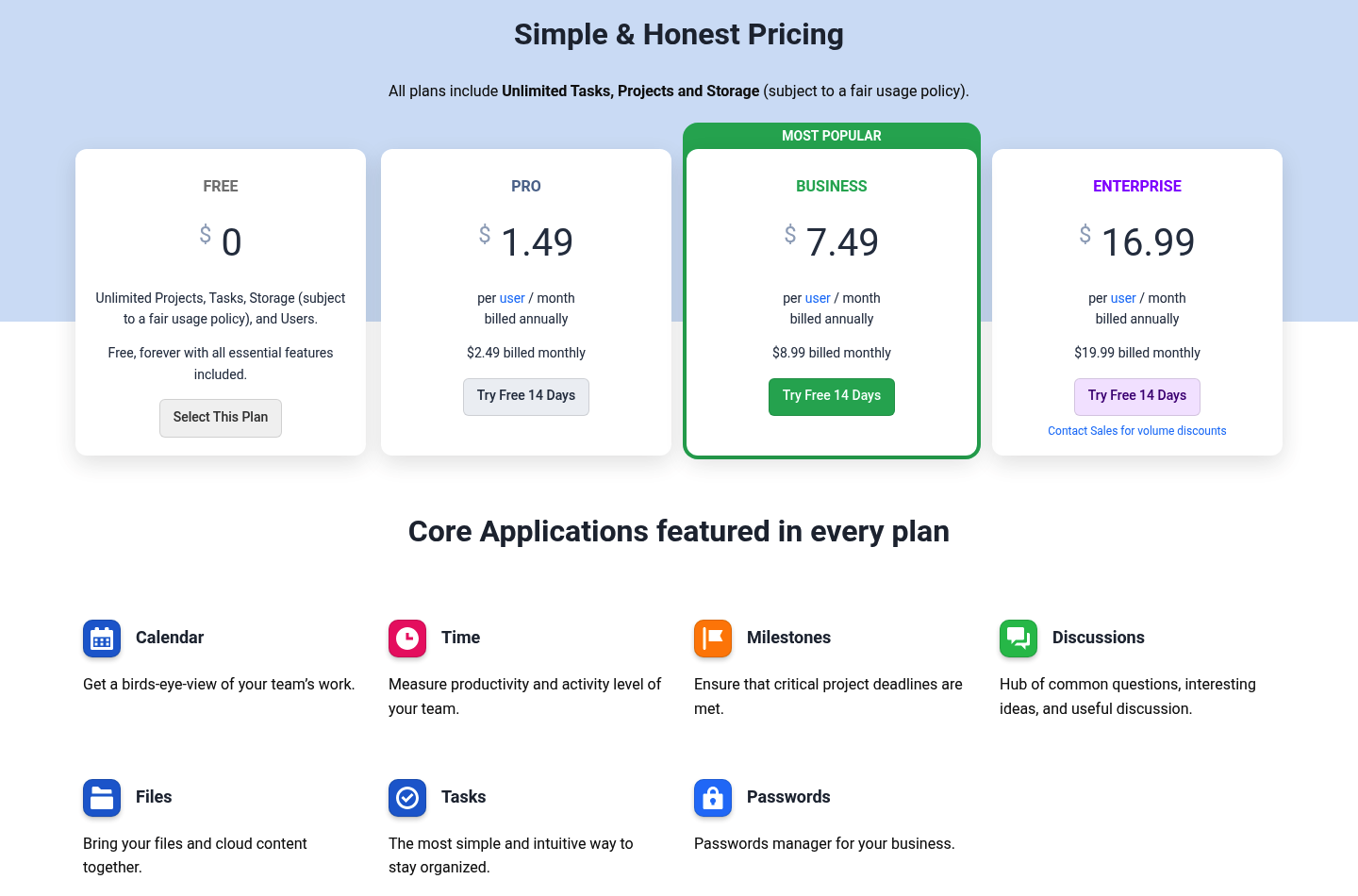 Grille tarifaire de Freedcamp en 2026