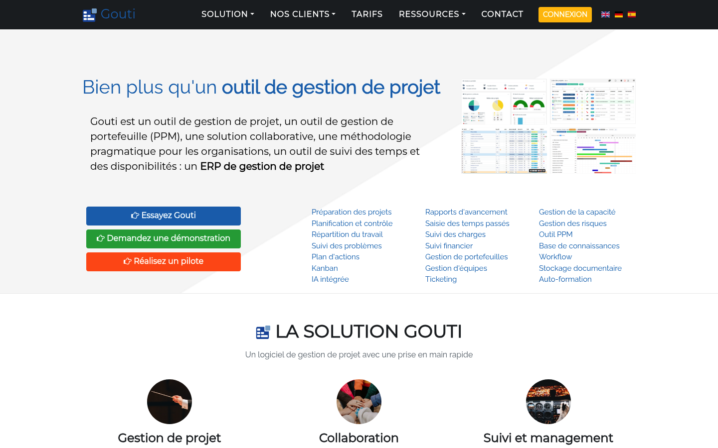 Page d'accueil de Gouti en 2026, l'ERP de gestion de projet français