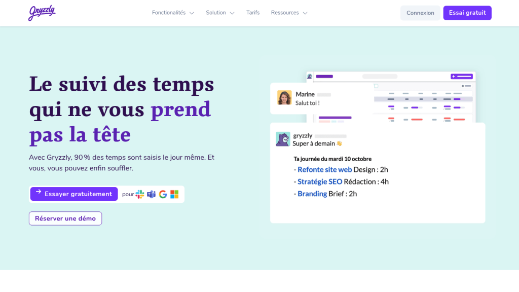 Page d'accueil de Gryzzly, suivi des temps par chatbot