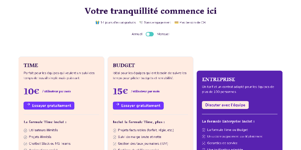 Grille tarifaire de Gryzzly en 2026 : Time, Budget et Entreprise