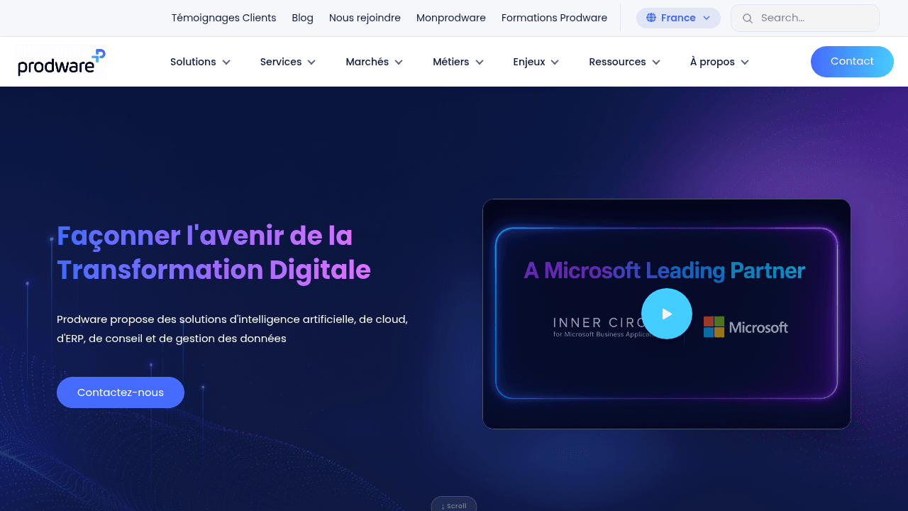 Site français de Prodware, intégrateur Microsoft Dynamics 365 et Sage