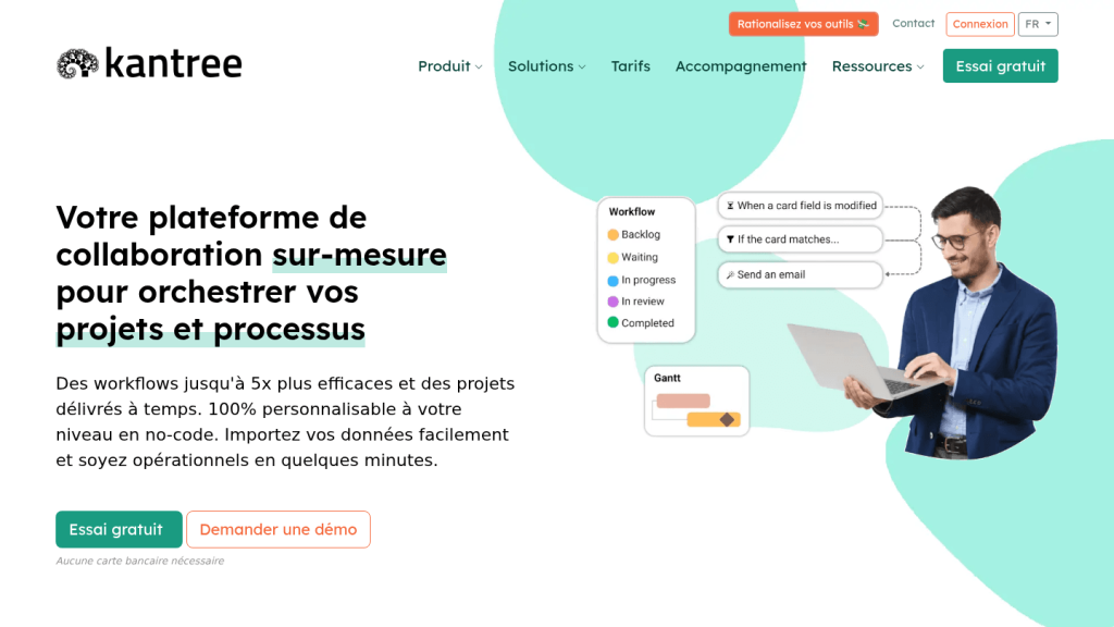 Page d'accueil de Kantree, outil de gestion de projet français