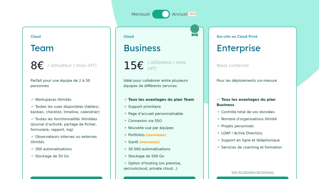 Grille tarifaire de Kantree en 2026 : Team, Business et Enterprise