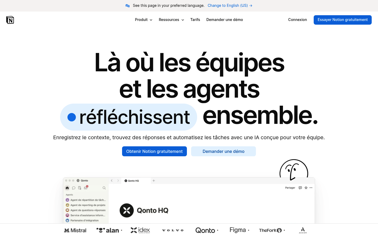 Page d'accueil française de Notion en 2026