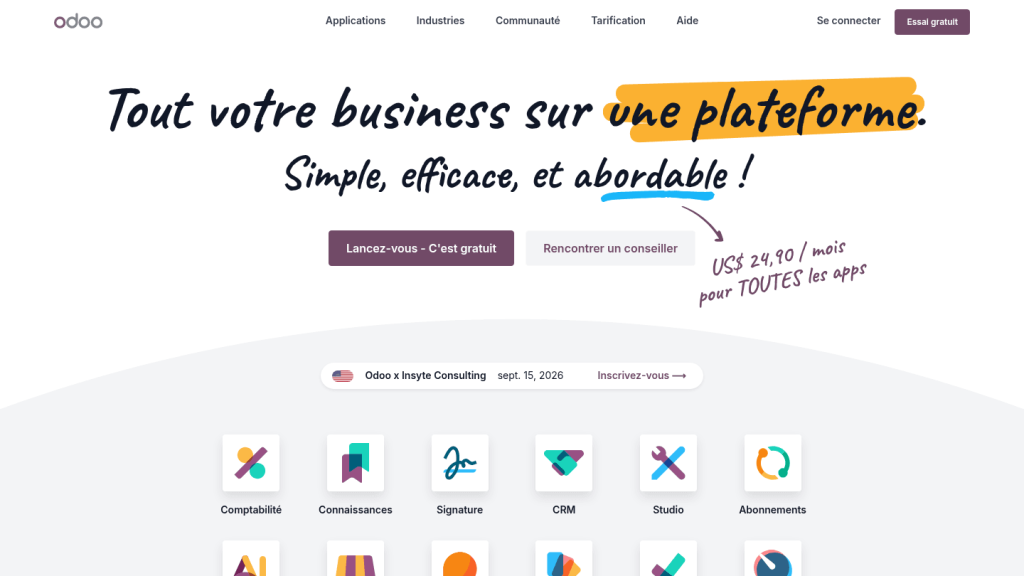 Page d'accueil d'Odoo, ERP modulaire