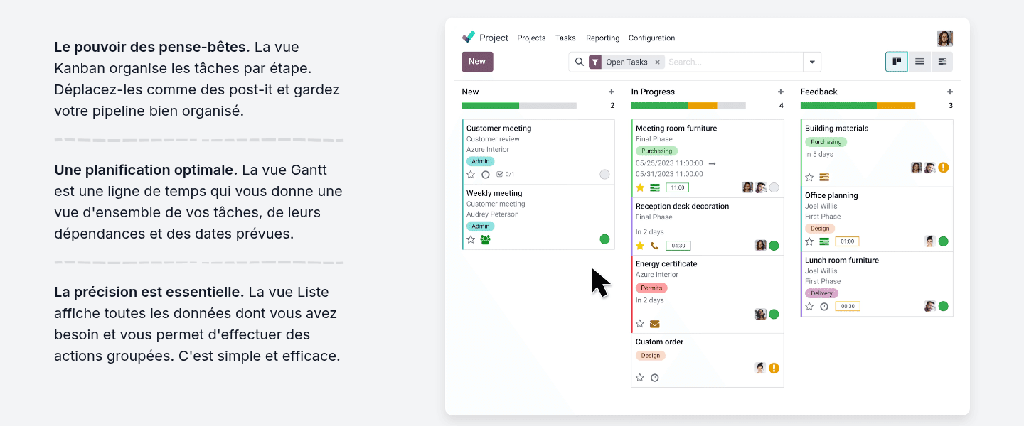 Les différentes vues de l'application Projet d'Odoo