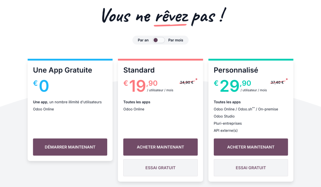 Tarifs Odoo : plan Standard et plan Personnalisé