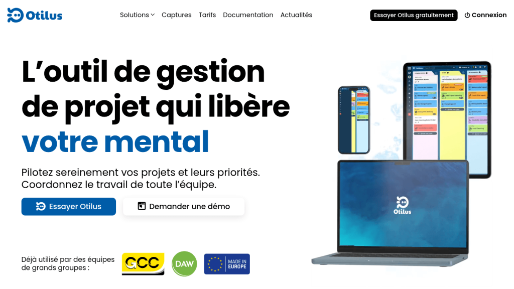 Page d'accueil d'Otilus, logiciel de gestion de projet français