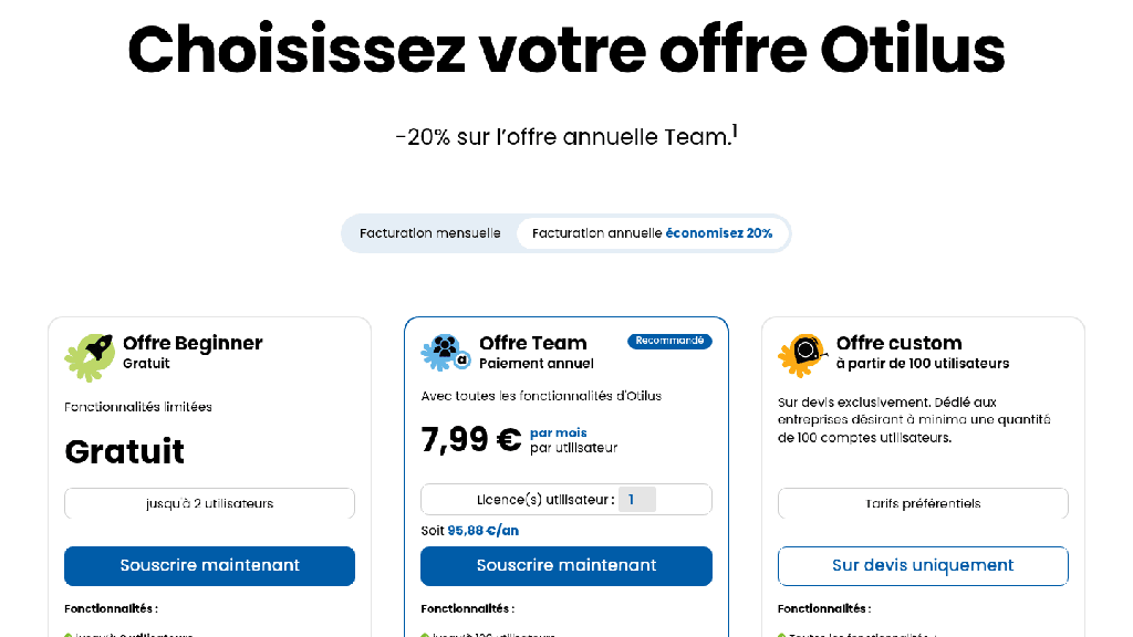 Grille tarifaire d'Otilus en 2026 : Beginner, Team et Custom