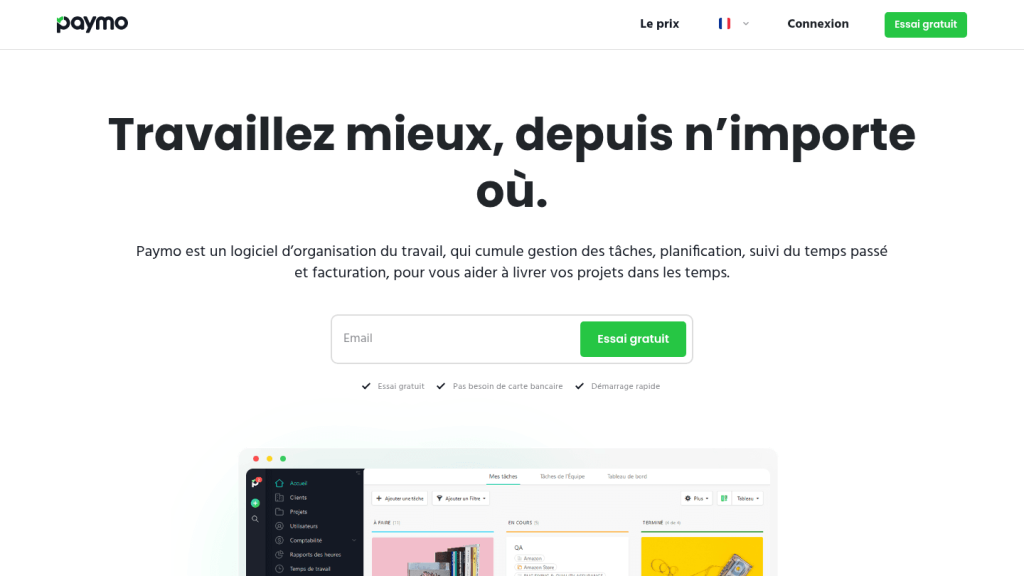 Page d'accueil de Paymo, gestion de projet, temps et facturation