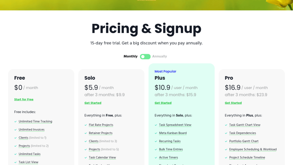 Grille tarifaire de Paymo en 2026 : Free, Solo, Plus et Pro