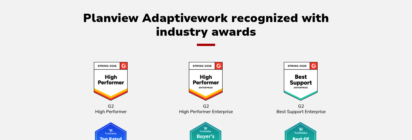 Badges G2 et TrustRadius 2026 de Planview AdaptiveWork