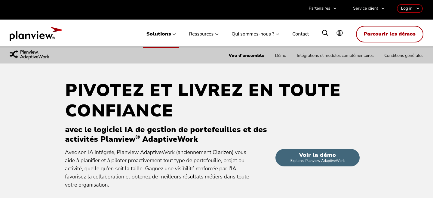 Page française de Planview AdaptiveWork, anciennement Clarizen, en 2026