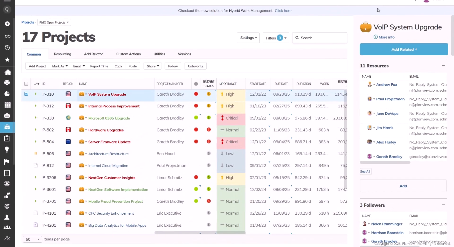 Vue portefeuille de Planview AdaptiveWork avec statuts RAG et fiche projet