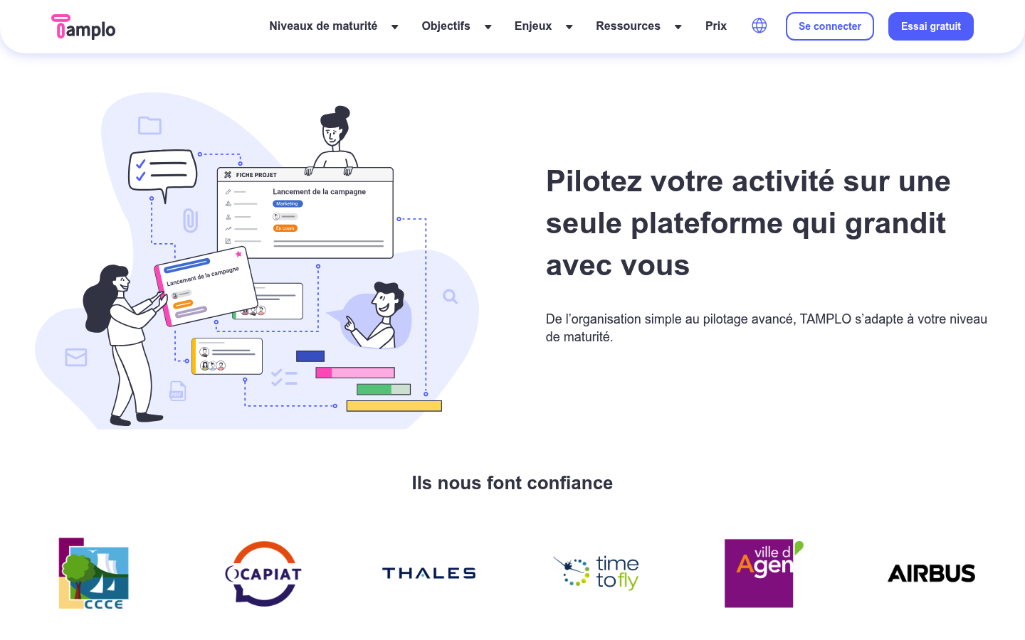 Page d'accueil de Tamplo en 2026 avec ses références Airbus et Thales