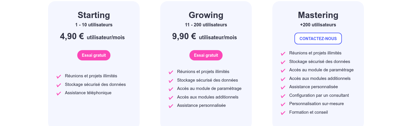 Grille tarifaire de Tamplo en 2026 : Starting, Growing, Mastering
